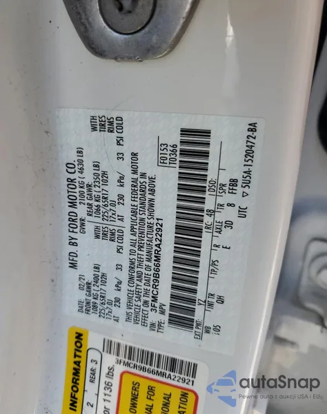 2021 Ford Bronco Sport Big Bend из США, поврежденный, VIN 3FMCR9B66MRA22921